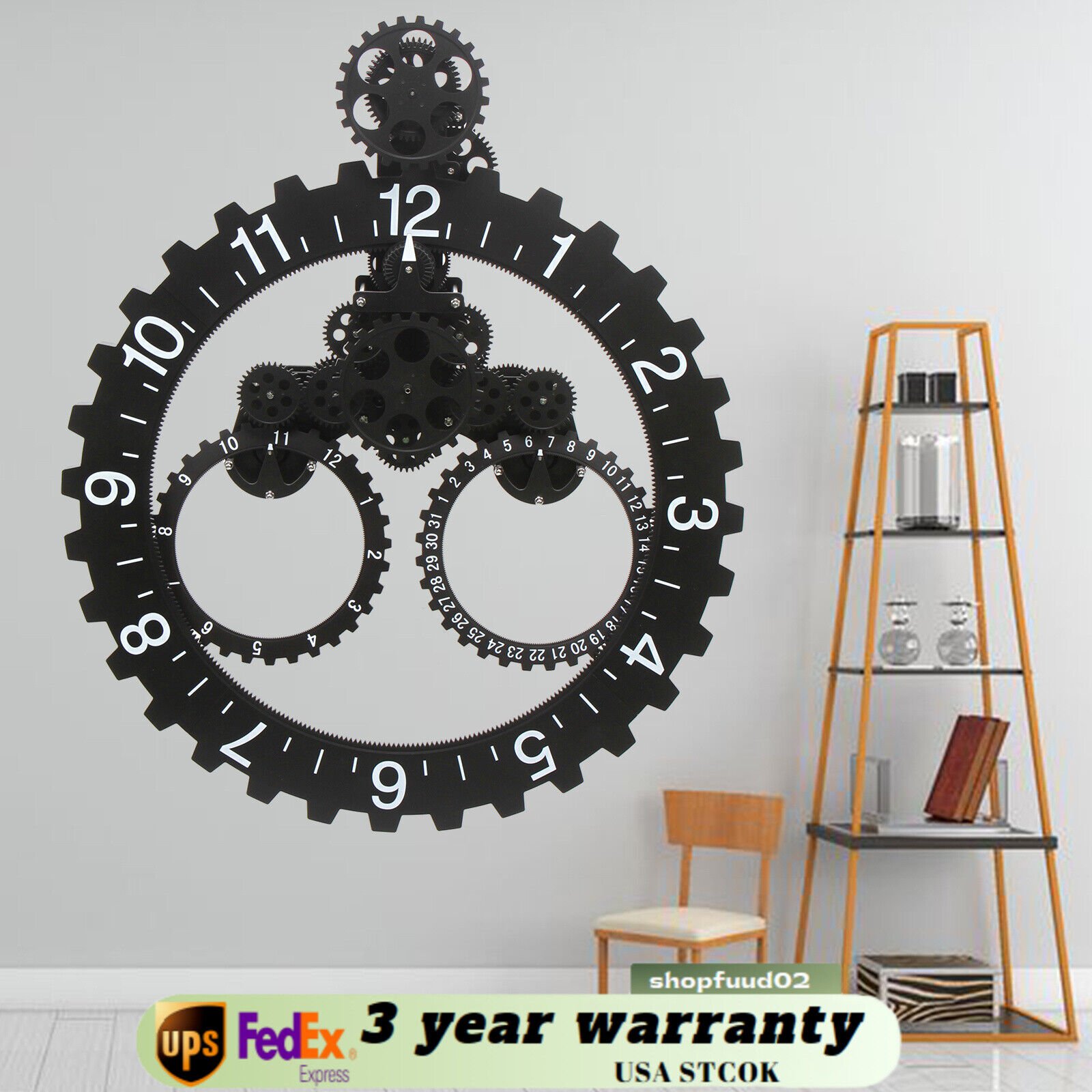 27" Mechanical Modern Design Wall Art Gear Clock Big Calendar Wheel Wall Clock