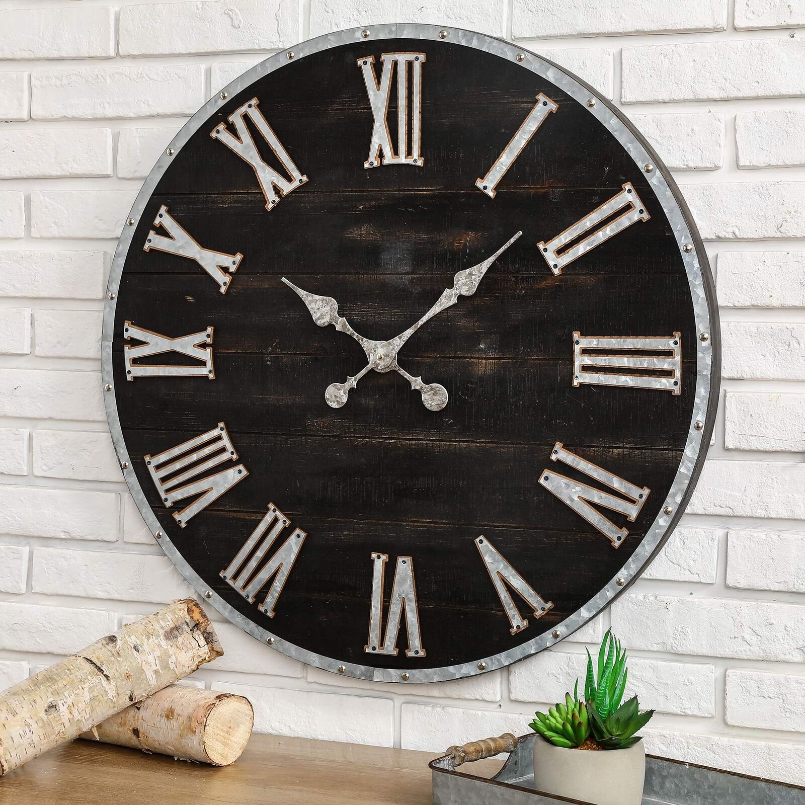 28 Inches Huge Wall Clock Chic Distressed Black Clock Antique Rustic Wooden C...
