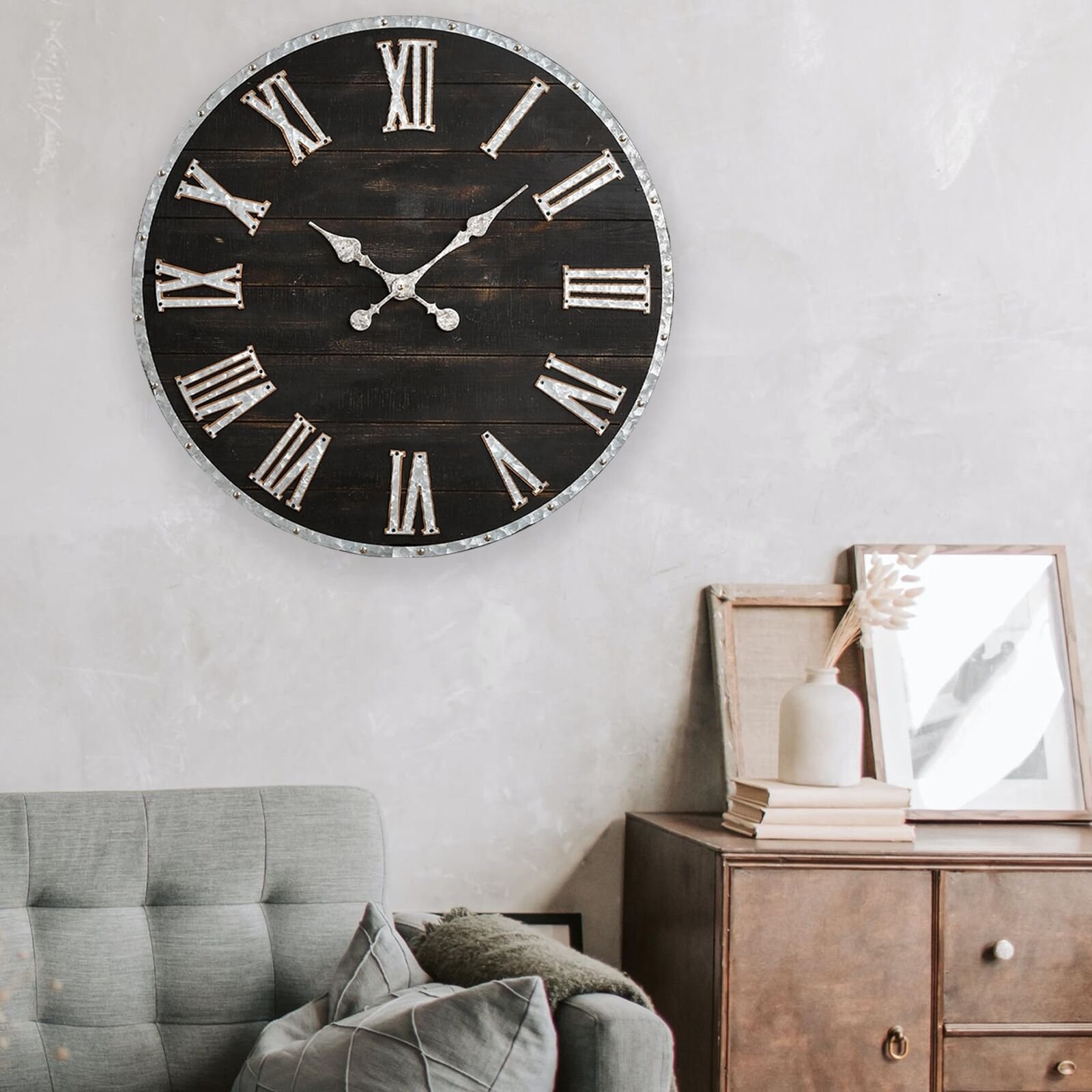 28 Inch Roman Numeral Wall Clock Farmhouse Huge Black Wall Clock Rustic Woode...