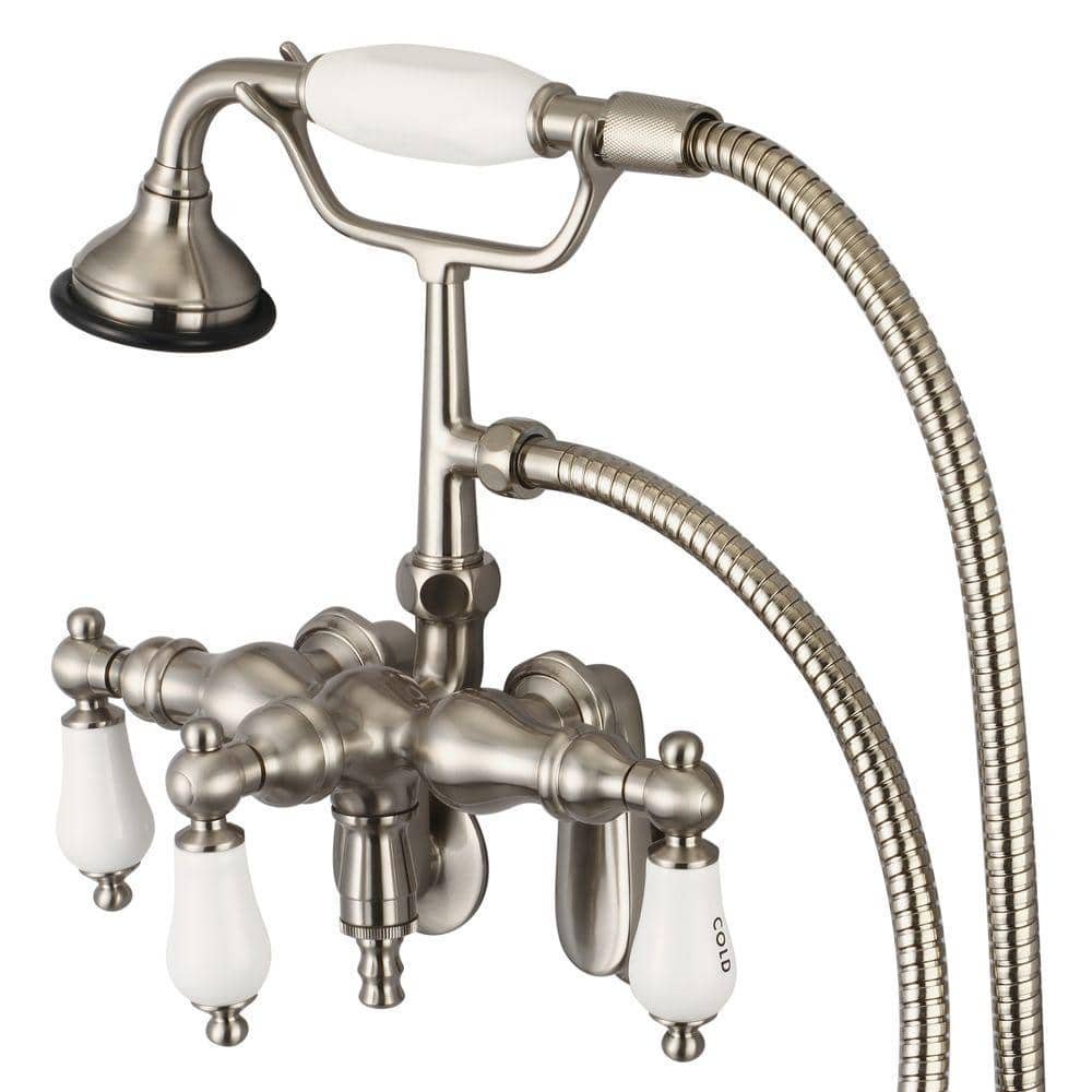 3-Handle Claw Foot Tub Faucet with Labeled Porcelain Lever Handles and Handshower...