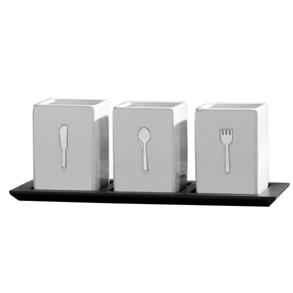 3-pc Ceramic Countertop Flatware Caddy on Wood