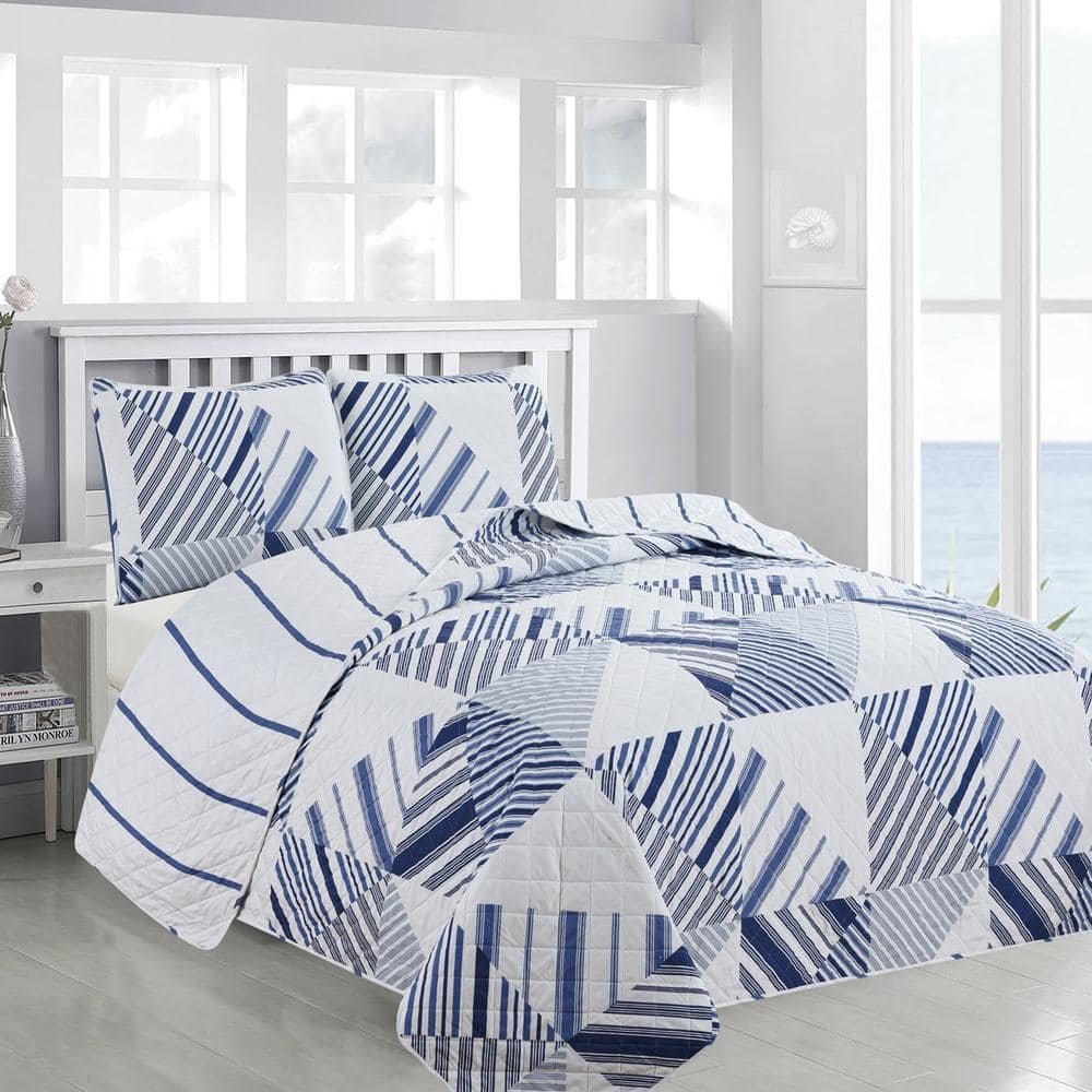 3-Piece Blue Reversible Striped Patchwork Full/Queen Microfiber Quilt Set Bedspread