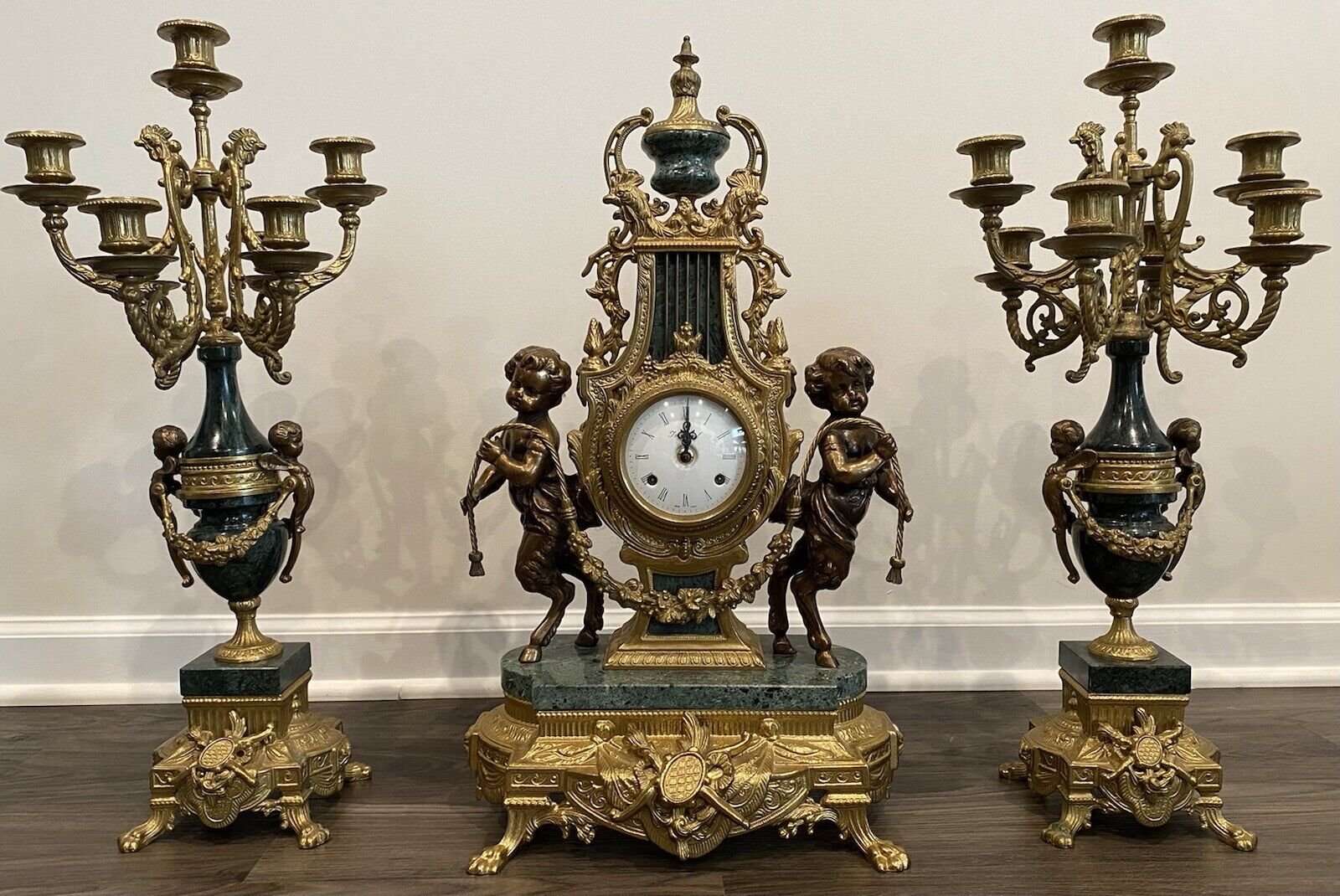 3-Piece Italian Brevettato Brass & Marble Clock & Candelabra Garniture Set