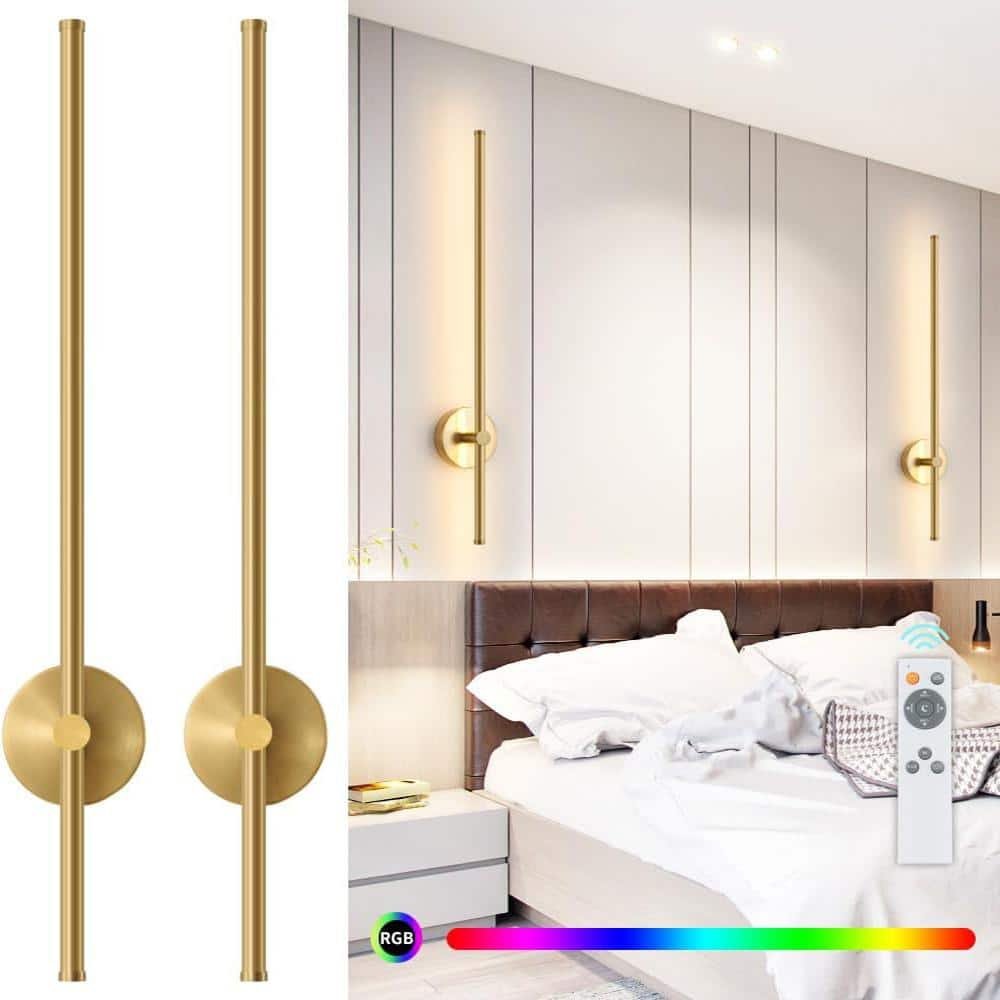 31.5 in. 2-Light Gold LED Wall Sconce with Remote Control Dimmable Multicolor,...