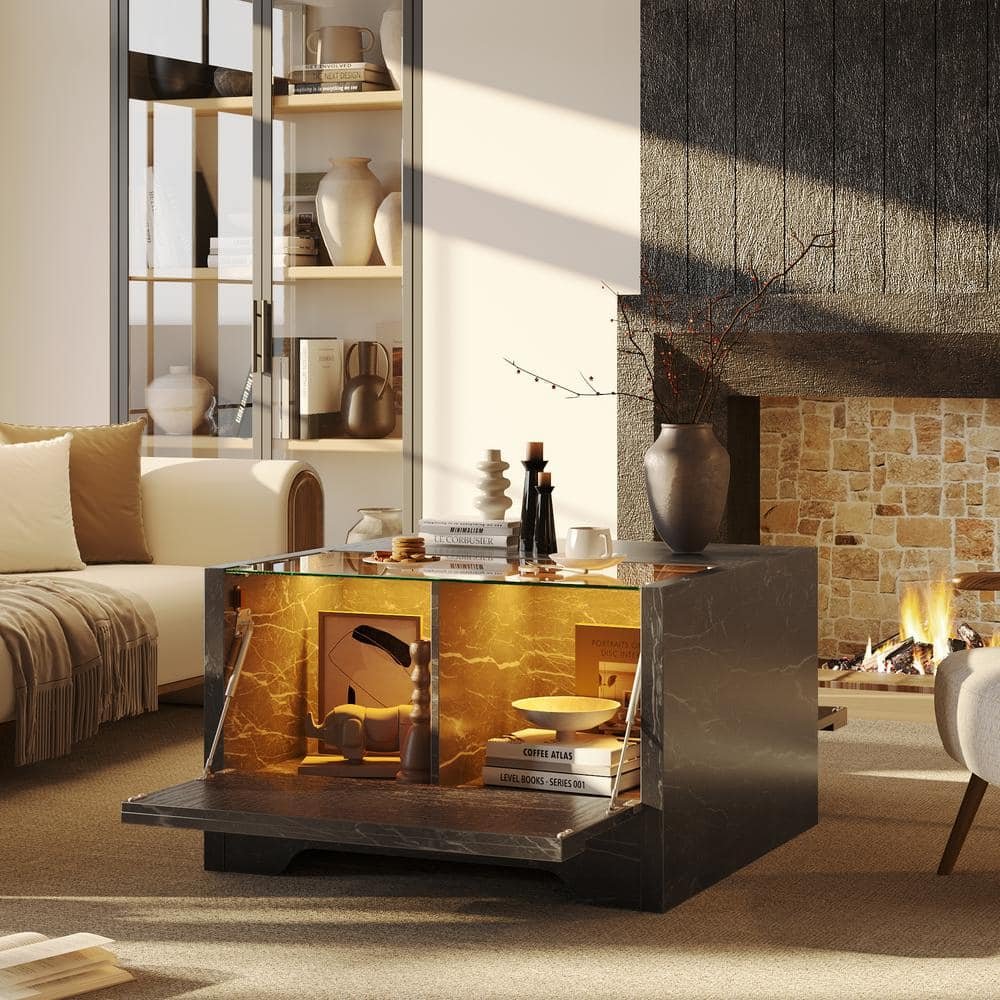31.5 in. Black Marble Square Wood Coffee Table with LED Light and...