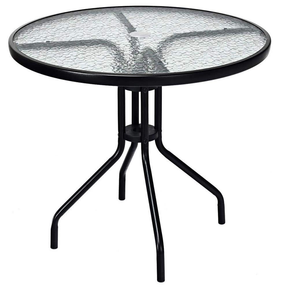 32 in. Black Round Metal Outdoor Dining Table with Umbrella Hole