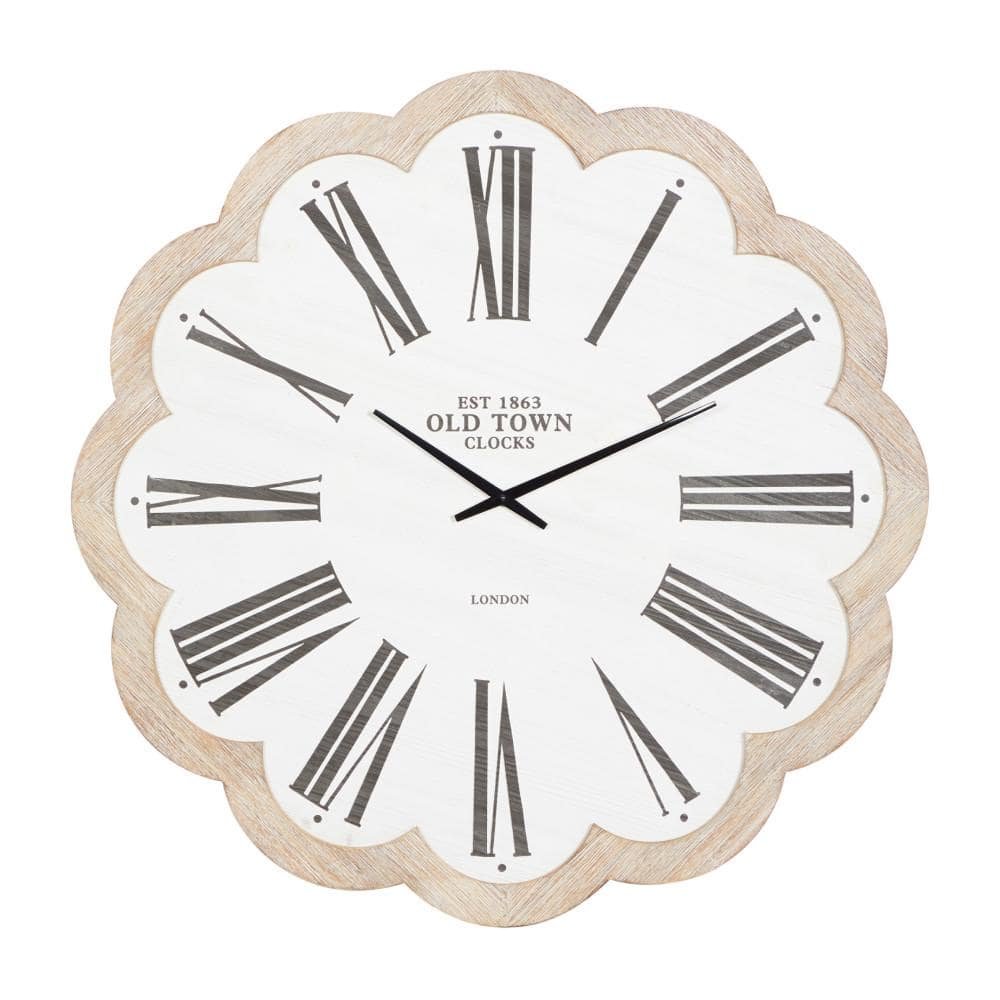 33 in. x 33 in. White Wood Floral Shaped Wall Clock with...