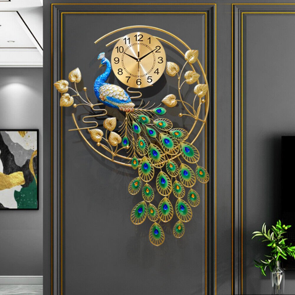 36.6" Luxury Peacock Large Wall Clock 3D Metal Living Room Wall Watch Decor USA