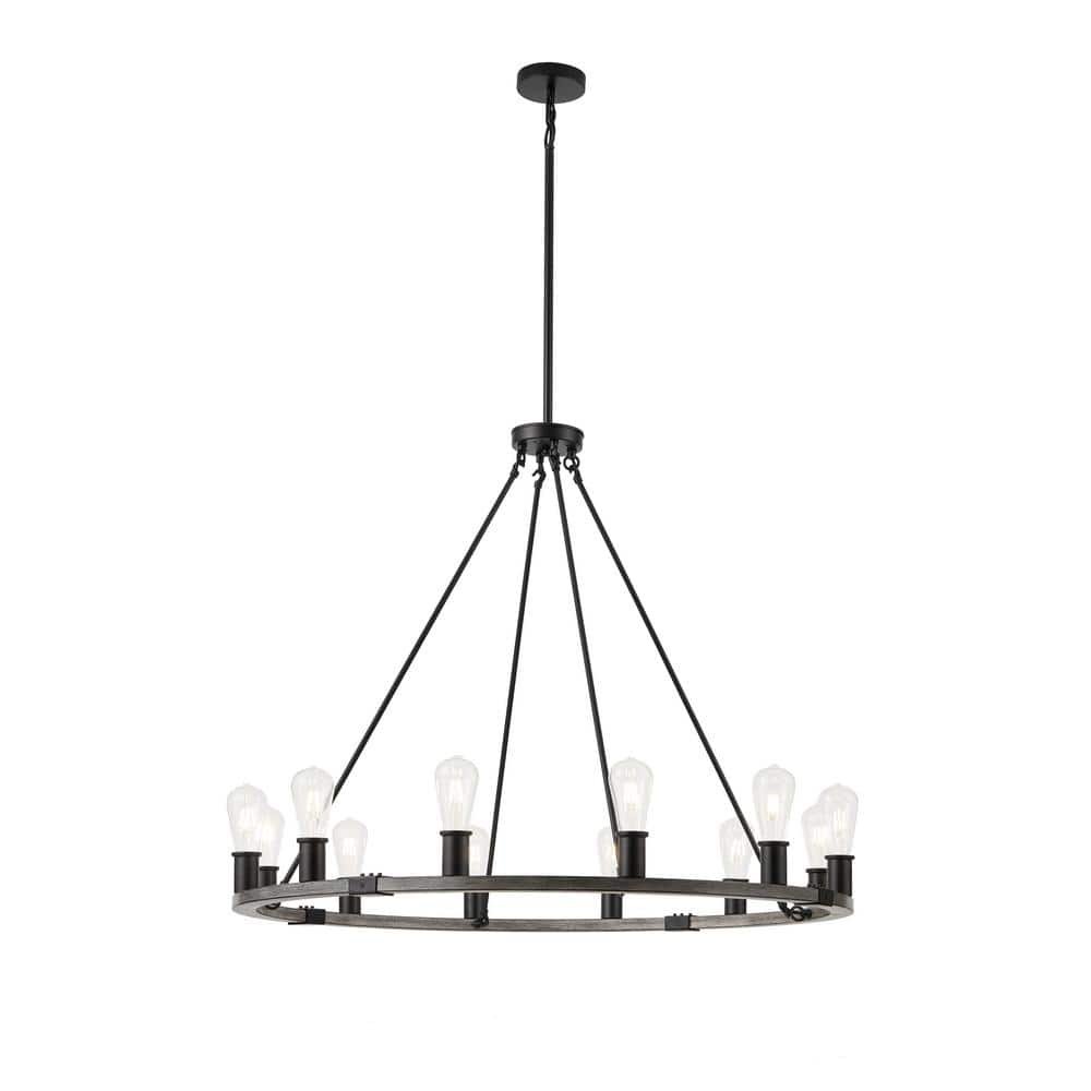 39.37 in. 12-Light Black Farmhouse Wagon Wheel Chandelier Rustic Industrial Hanging Ceiling...