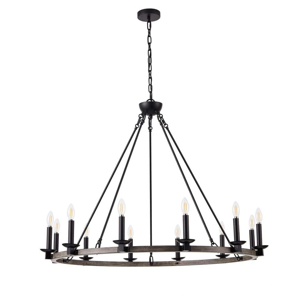 39.37 in. 12-Light Farmhouse Wagon Wheel Chandelier Rustic Industrial Candle Hanging Ceiling...