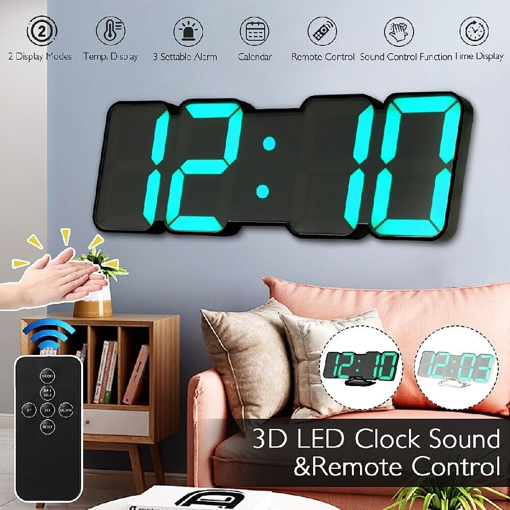 3D Digital Display LED Desk Wall Alarm Clock USB Snooze Temperature Date Mode