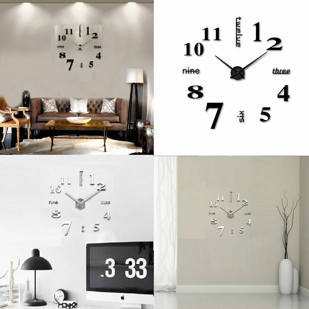 3D DIY Wall Clock Decor Sticker Mirror Frameless Large DIY Wall Clock Kit