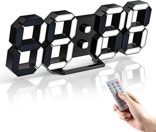3D LED Digital Clock 9.7" Desk Alarm Clock Wall Clock, 12/24H, Date, Temp, Auto Dimmer, Remote Control, Nightlight Decor Gift Clock for Bedroom/Office/Bedroom/Kitchen/School/Gym Black