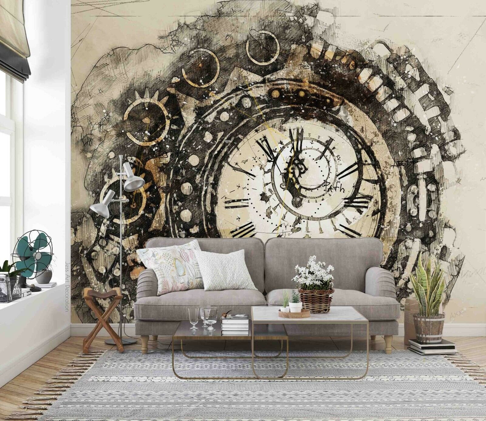 3D Retro Clock Wallpaper Wall Mural Removable Self-adhesive 490