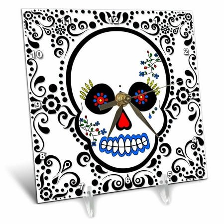 3dRose Day of the Dead Skull Día de los Muertos Sugar Skull Red Black Scroll Design - Desk Clock, 6 by 6-inch