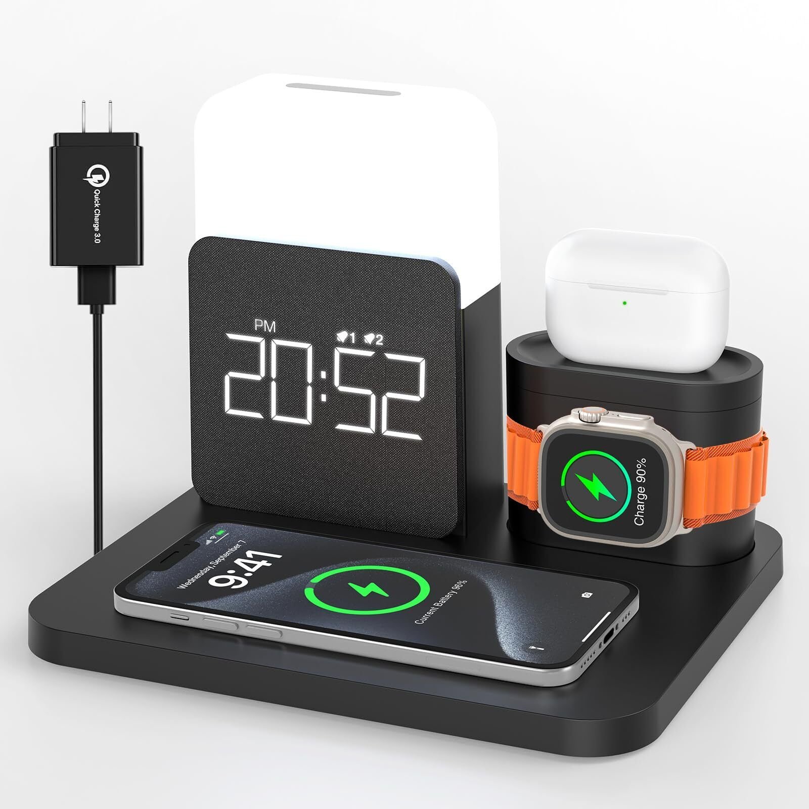3 in 1 Charging Station for iPhone, Alarm Clock, Night Light, Wireless Charge...