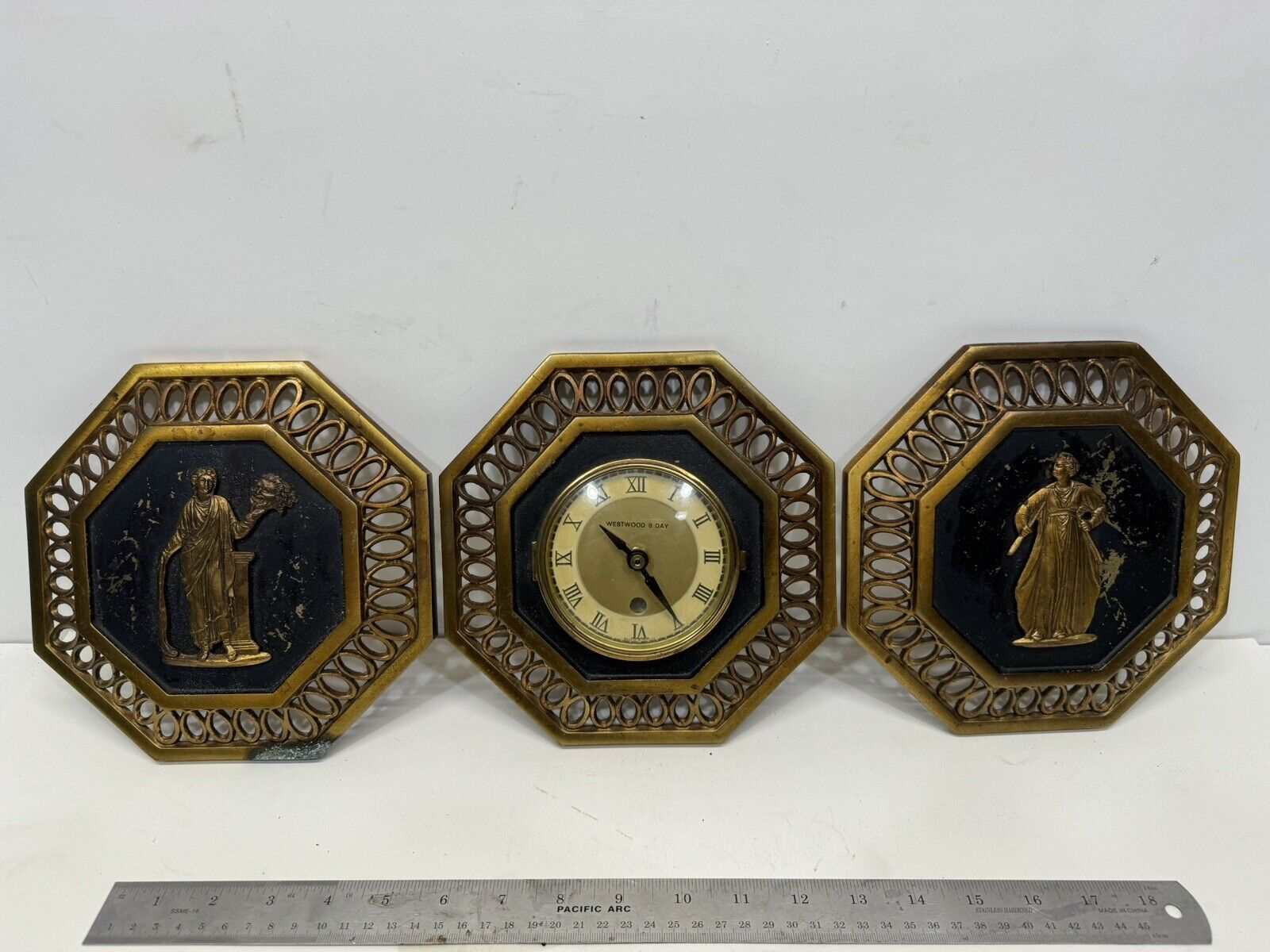 3 Piece Vintage Brass Greek Relief Wall Decor Octagonal