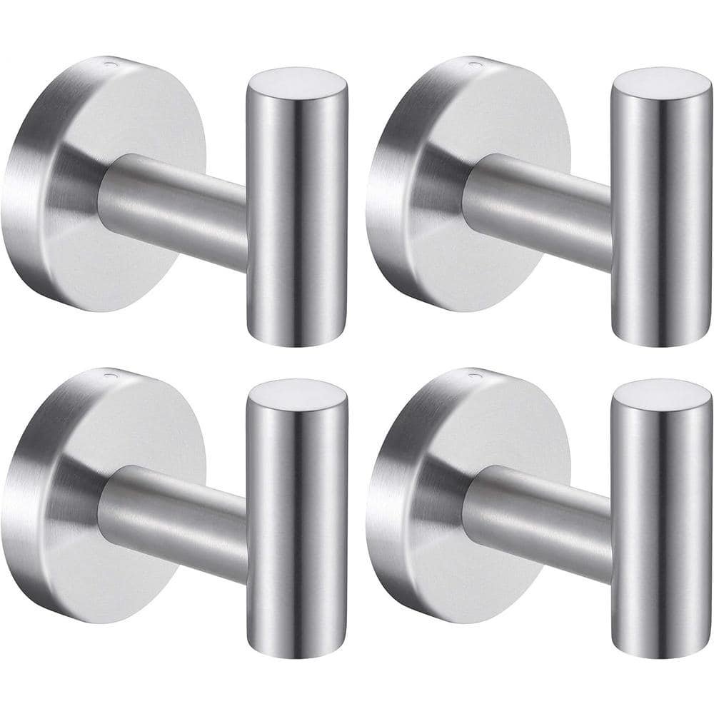 4-Piece Stainless Steel J-Hook Robe/Towel Hook with Round Mount Post in Brushed...