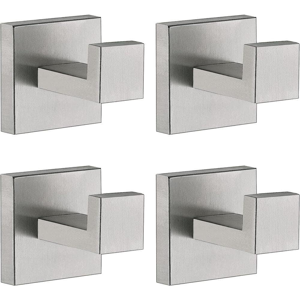 4-Piece Stainless Steel J-Hook Robe/Towel Hook with Square Mount Post in Brushed...