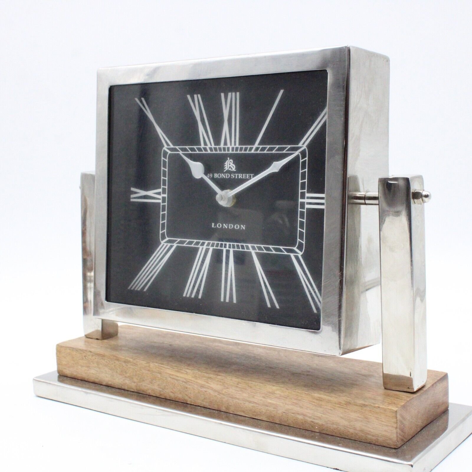 49 Bond Street London Desk Clock Chrome Rectangular Elegant Shelf Black Dial