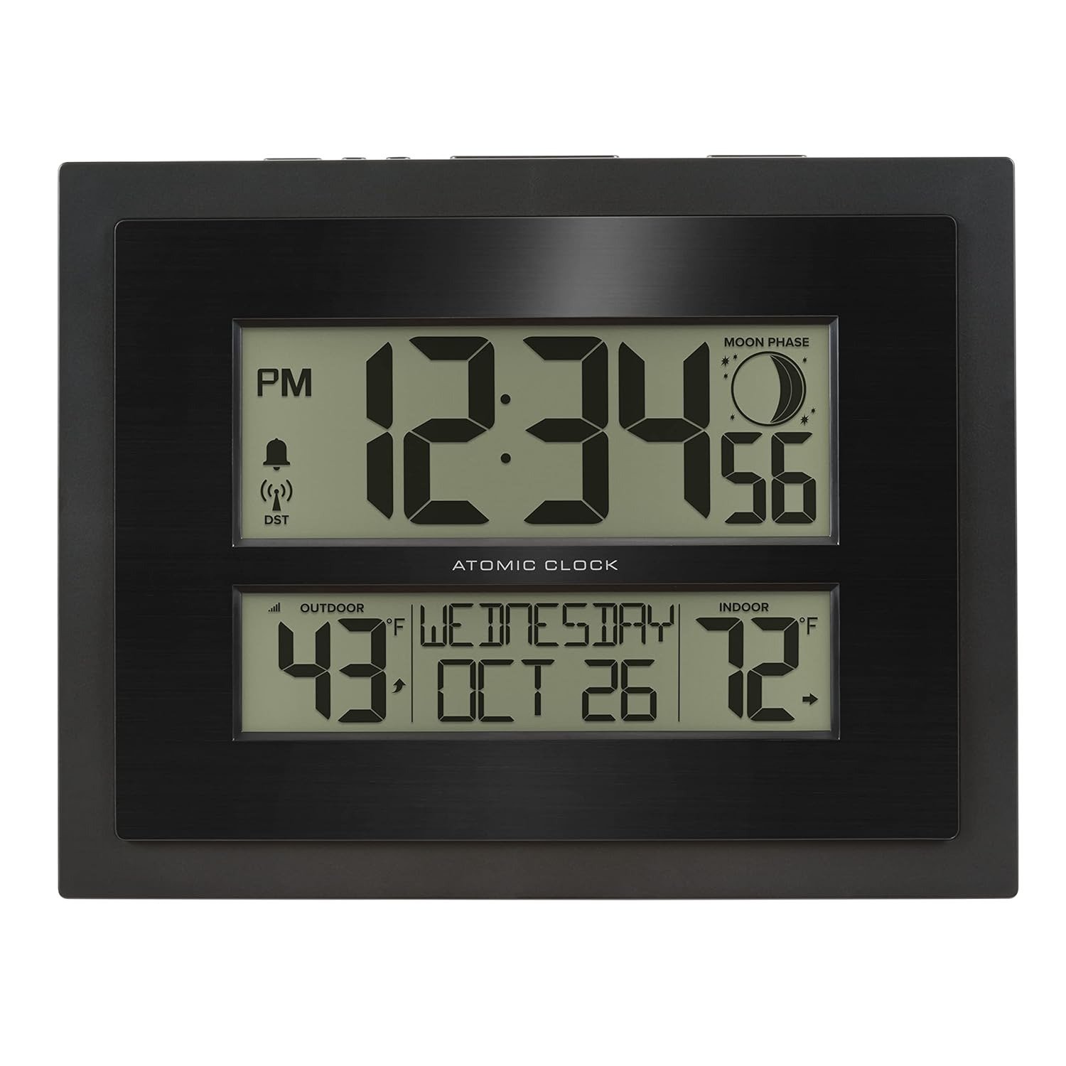 513-75624-INT Digital Atomic Clock with Outdoor Temperature and Moon Phase,Black