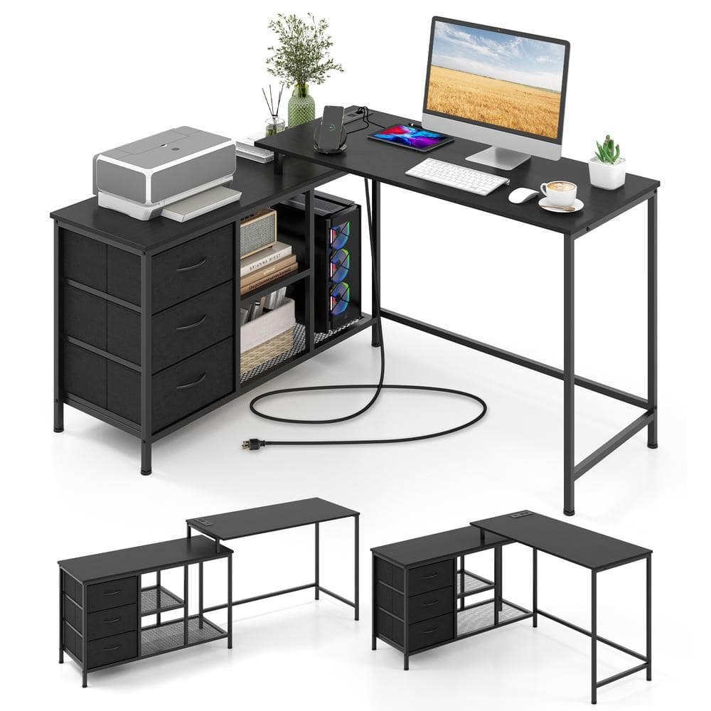 55 in. L-Shaped Black 3-Drawer and Shelves Convertible Home Office Computer Desk...