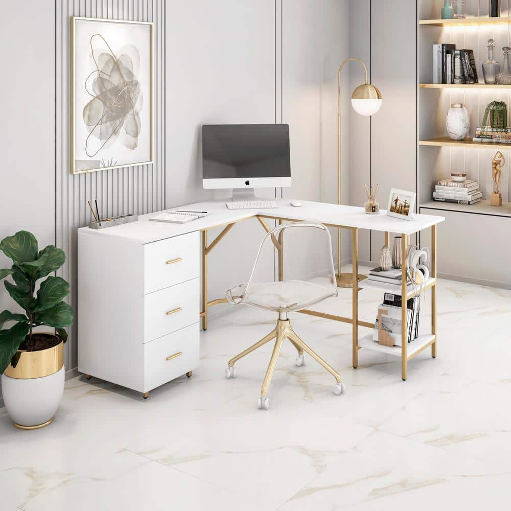 59 in. W L-Shape Gold Home Office Two-Tone Desk with Storage Computer...