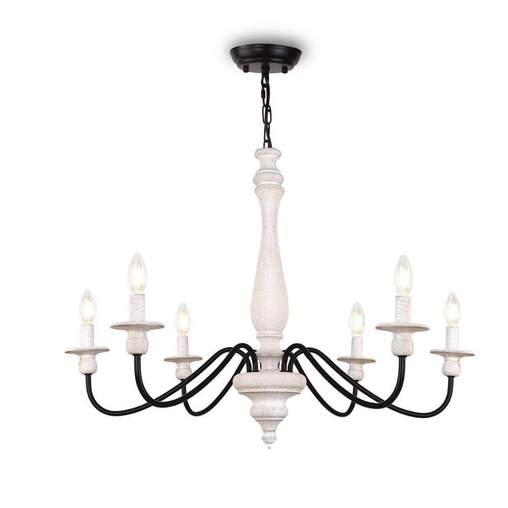 6-light French Country Distressed Farmhouse Candlestick Black and White Chandelier for Dining...