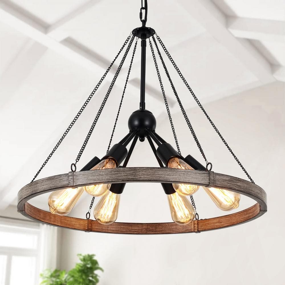 6-Light Modern Black/Imitation Wood Grain Wagon Wheel Chandelier with Adjustable Chain for...