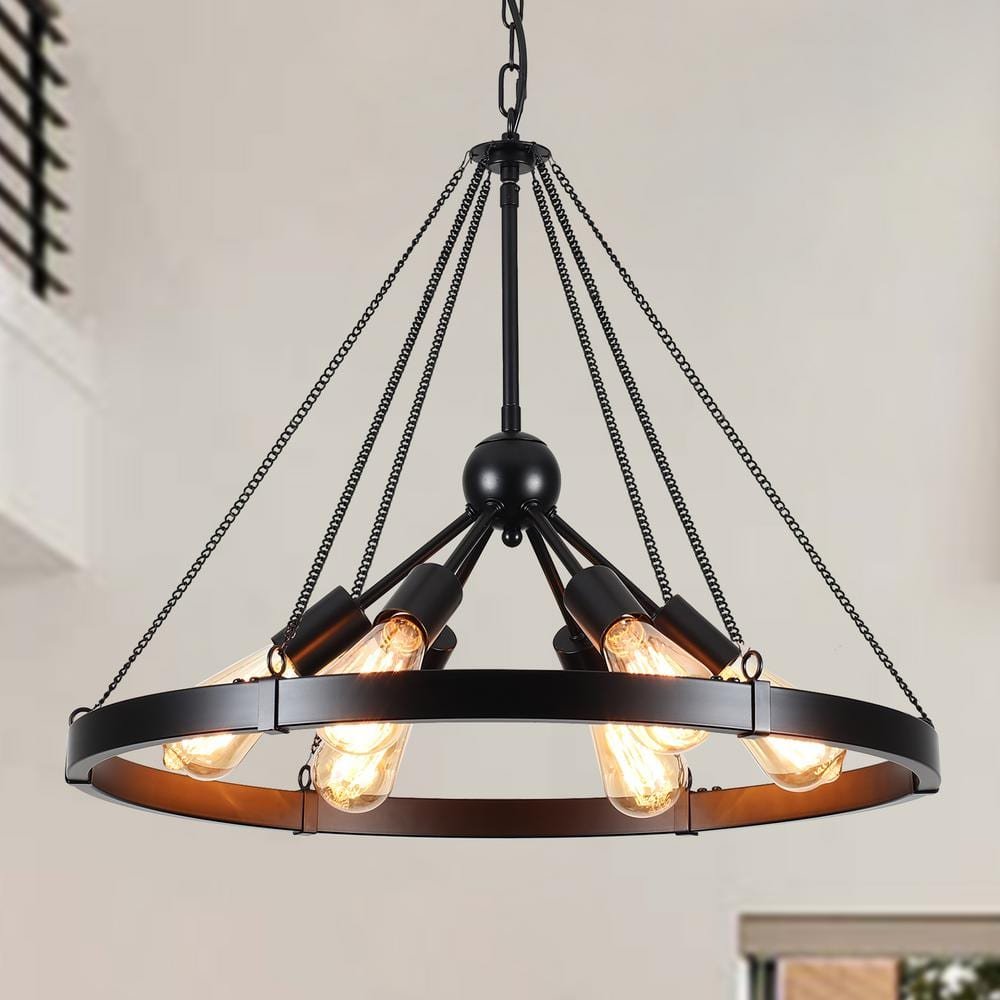 6-Light Modern Black Wagon Wheel Chandelier with Adjustable Chain for Study Foyer...