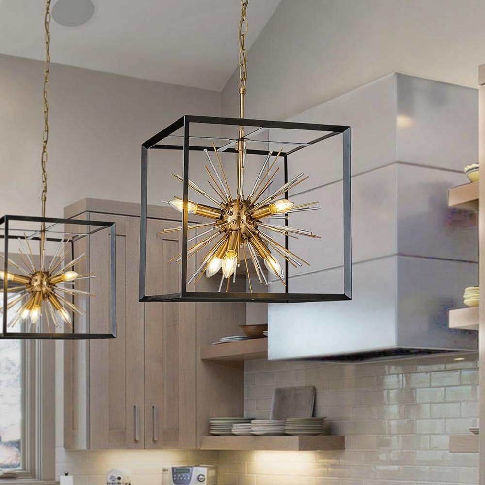 6-Light Modern Gold Sputnik Sphere Industrial Caged Chandelier Starburst Satellite Lantern Pendant...