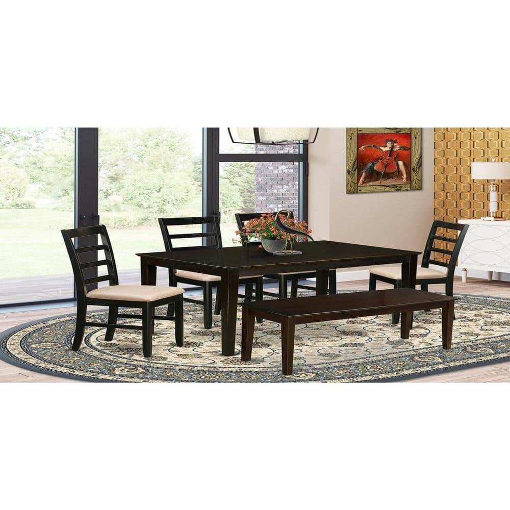 6-Piece Rectangle Cappuccino Finish Solid Wood Top Dining Table with 1 Bench,...