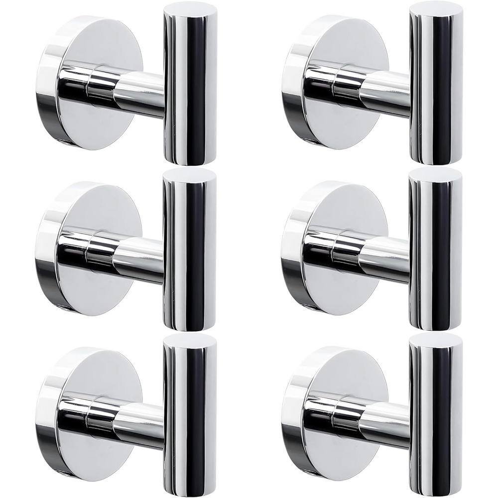 6-Piece Stainless Steel J-Hook Robe/Towel Hook with Round Mount Post in Polished...