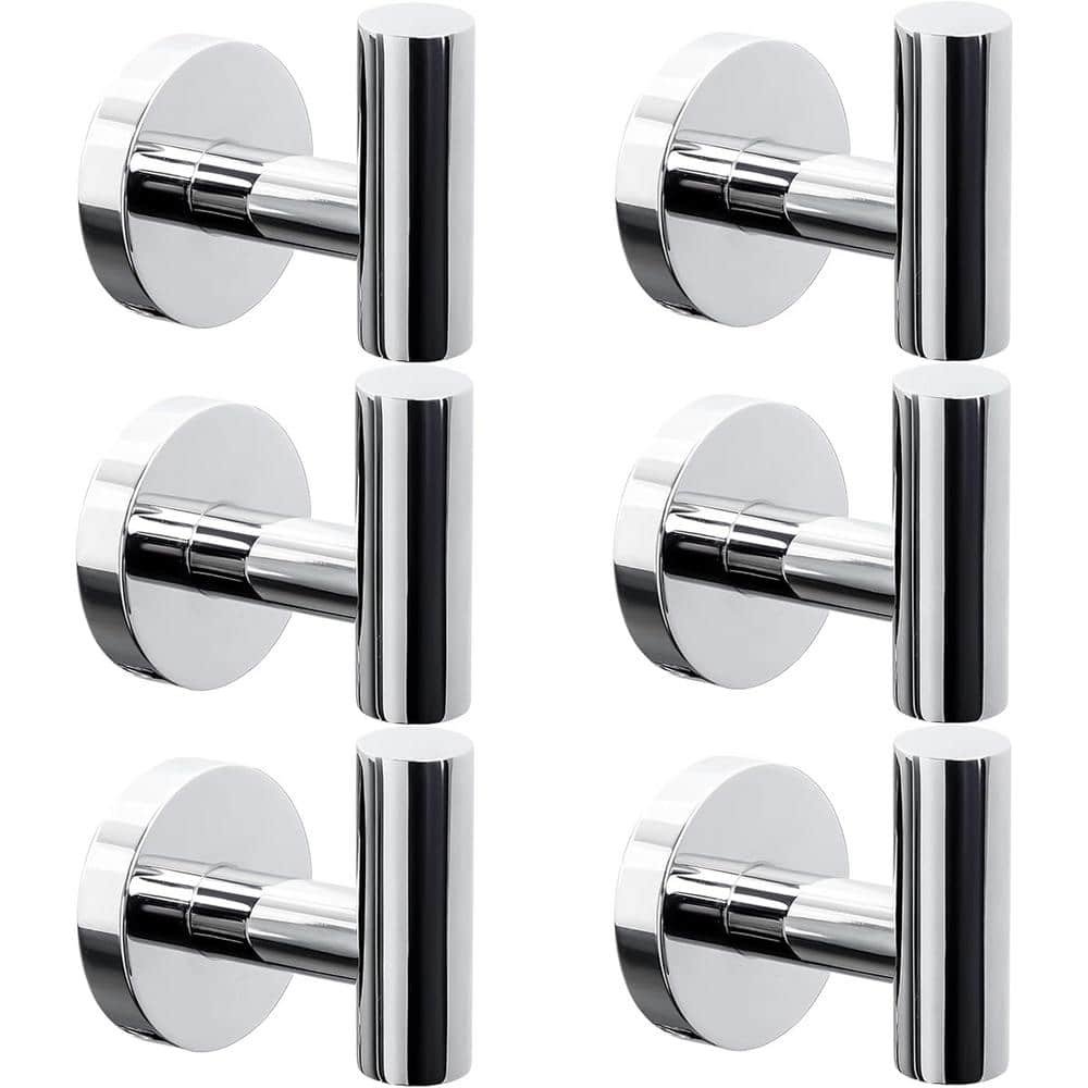 6-Piece Stainless Steel J-Hook Robe/Towel Hook with Round Mount Post in Polished...
