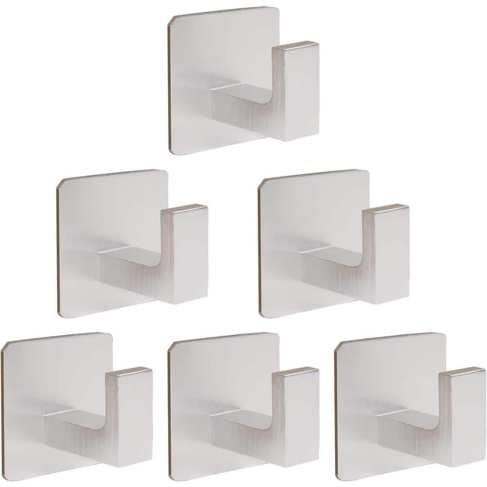 6-Piece Stainless Steel J-Hook Robe/Towel Hook with Square Mount Post in Brushed...