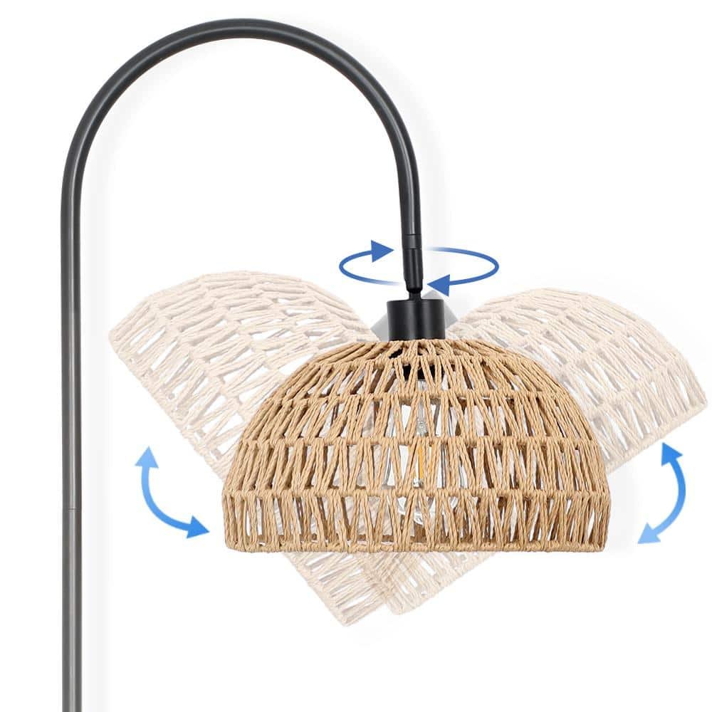 62 in. Matte Black Retro 1-light Hemp Rope Arc Floor Lamp with...