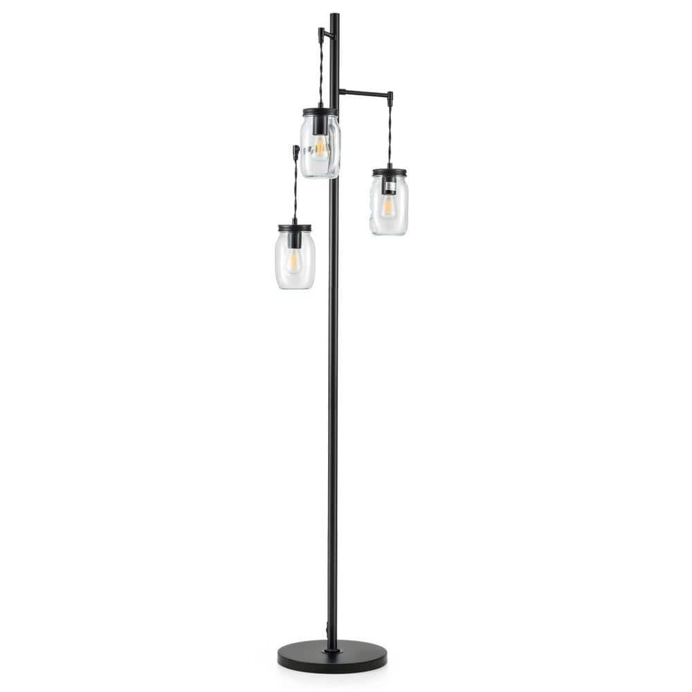 64 in. Black Farmhouse Tree Floor Lamp with 3 Mason Jar Glass...