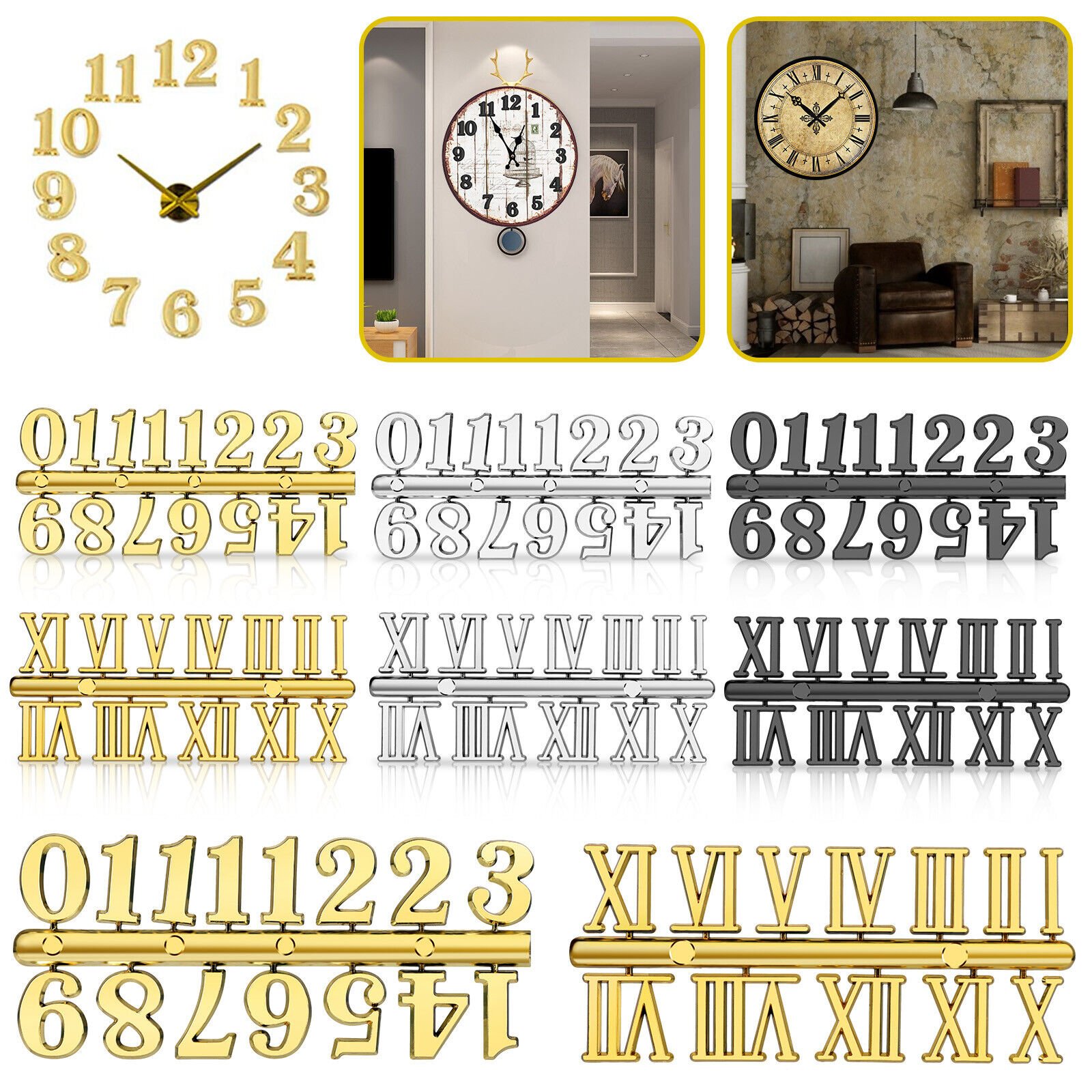 6pcs Wall Clock Numerals Kit Roman Digital Arabic Numbers DIY Repair Art Decor