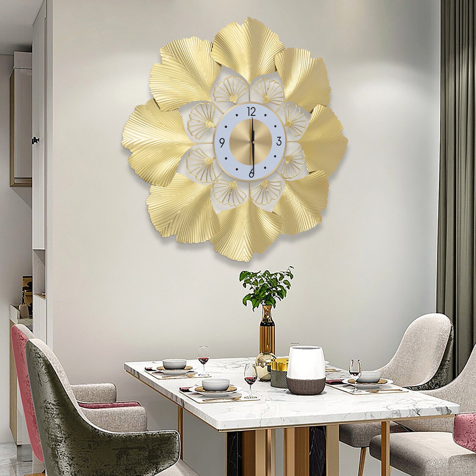 70cm Gold Round Ginkgo Biloba Wall Clock Large Wall-Watch Living Room Art Decor