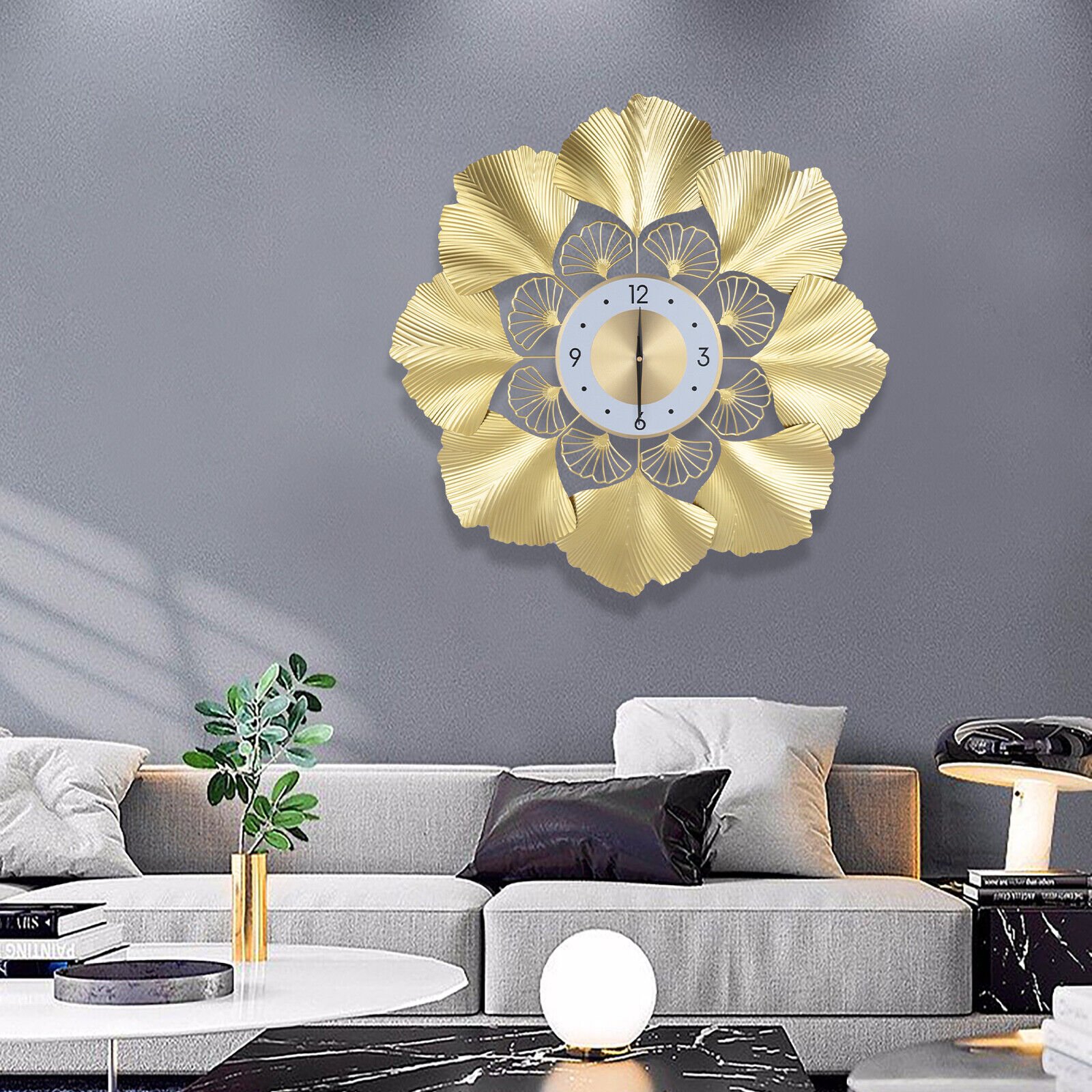 70cm Gold Round Ginkgo Biloba Wall Clock Large Wall Watch Living Room Home Decor