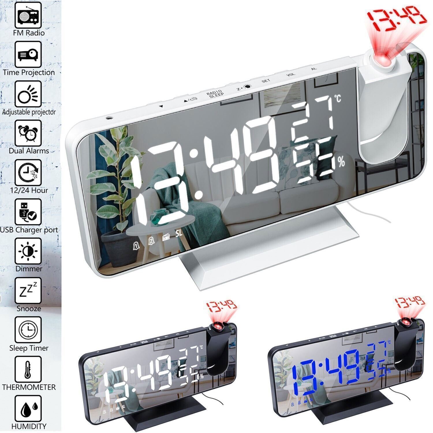 7.4" LED Digital Projection Dual Alarm Clock Snooze FM Radio Timer Monitor USB