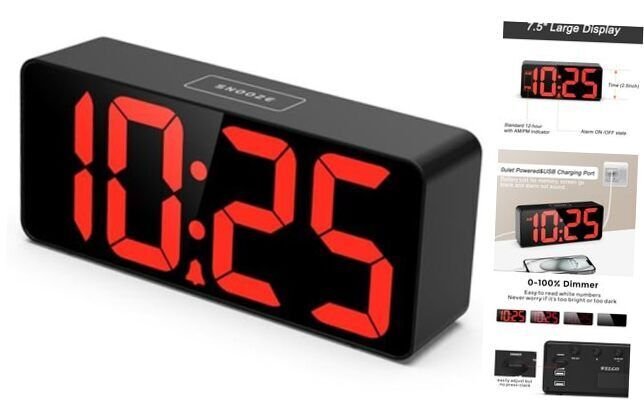 7.5 Inches Oversized Digital Alarm Clock for Seniors & Visually Black+red Digit