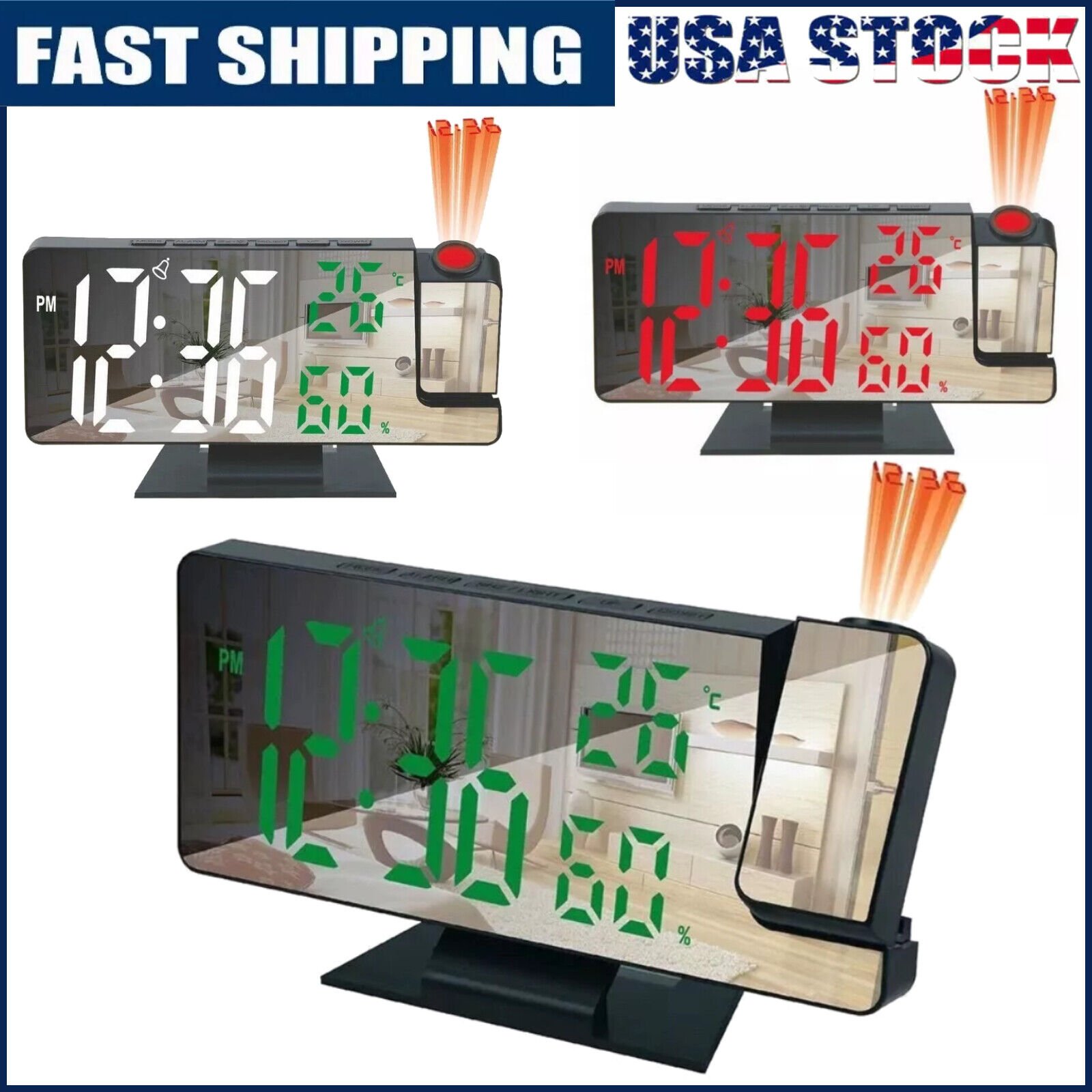 7.8" LED Digital Projection Alarm Clock Snooze Timer Monitor USB Charging NEW