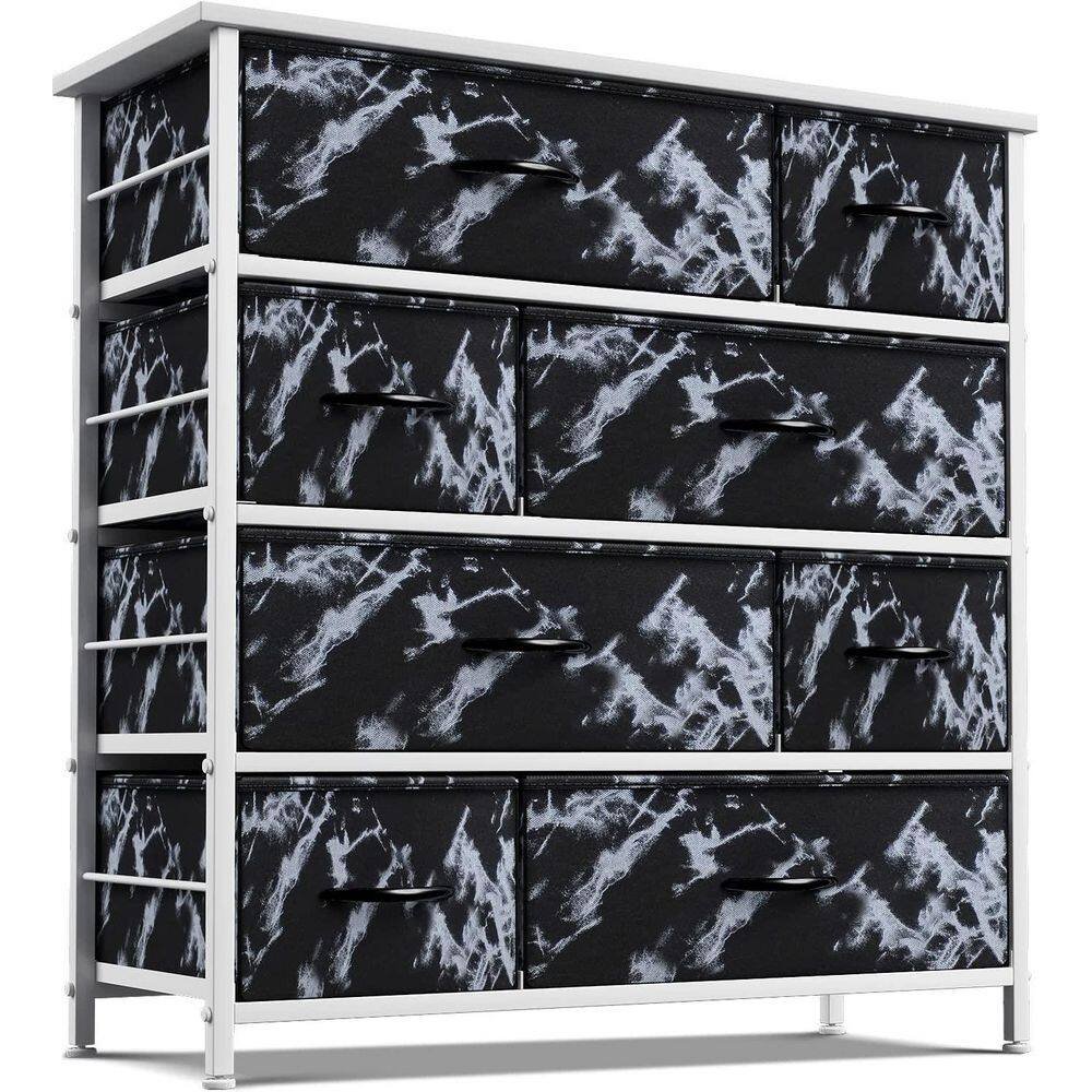 8-Drawer Marble Black Dresser White Frame Wood Top Easy Pull Fabric Bins...