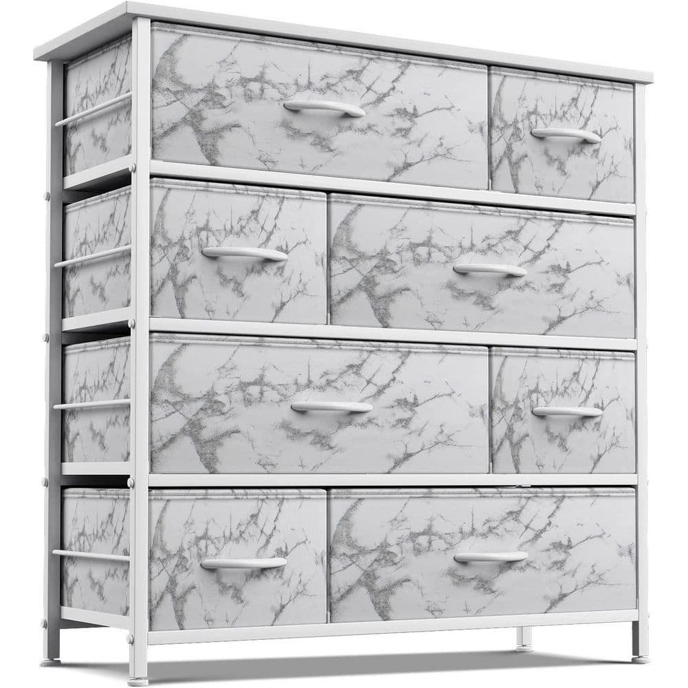 8-Drawer Marble White Dresser White Frame Wood Top Easy Pull Fabric Bins...