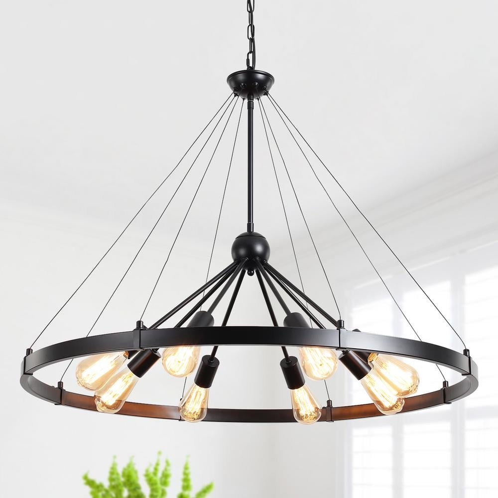 8-Light Farmhouse Black Wagon Wheel Chandelier with Adjustable Chain for Study Dining...