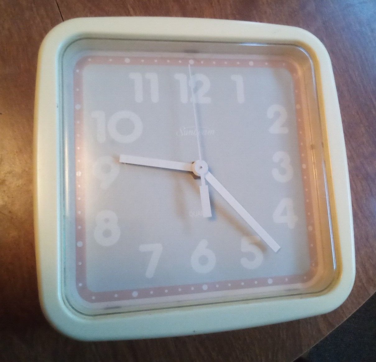 8.75" Square SUNBEAM Quartz Cream Wall Clock Large White Hands & Numbers Quartz