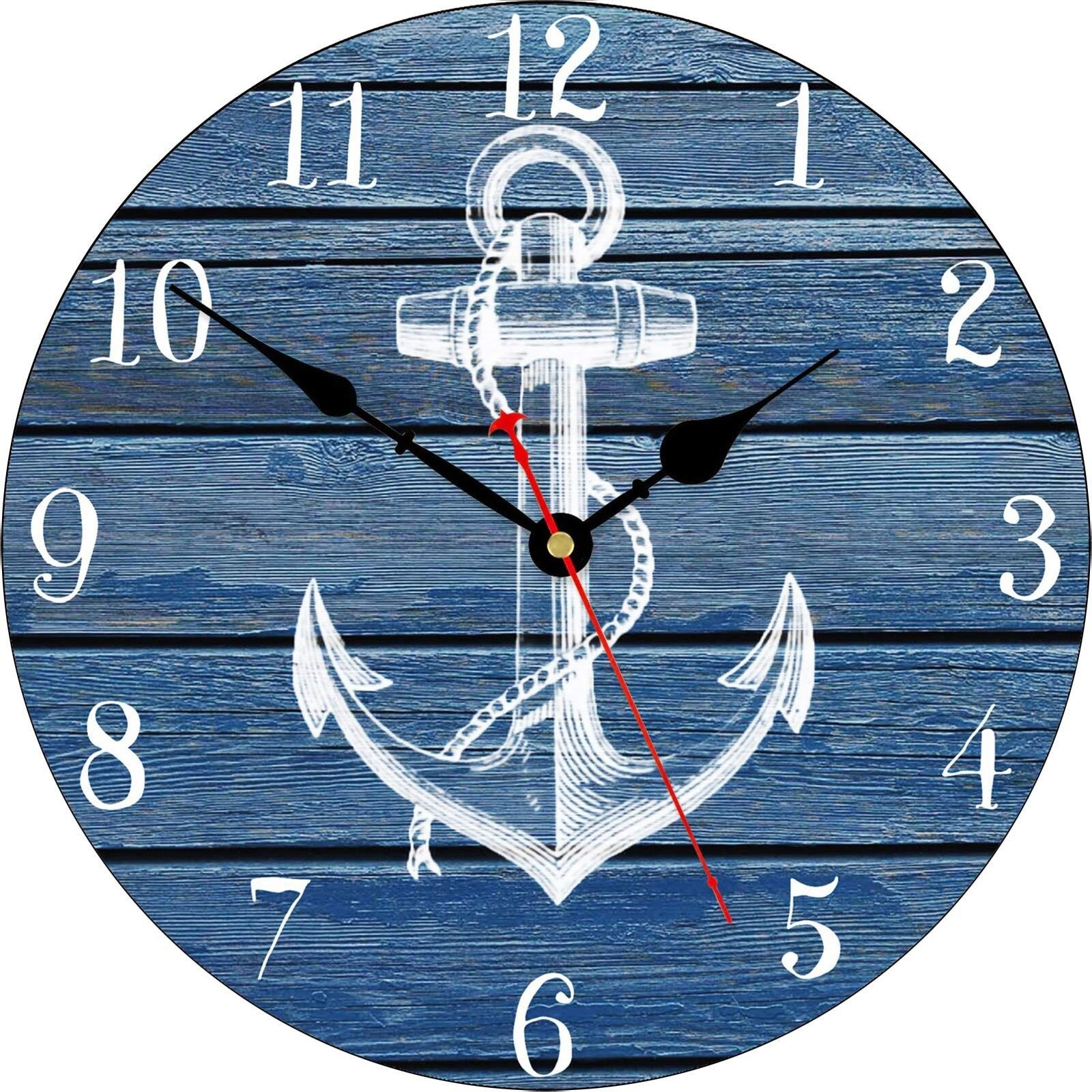 8 Inch Blue Anchor Wall Clock, Nautical Coastal Beach Boat Compass Decor, Sma...