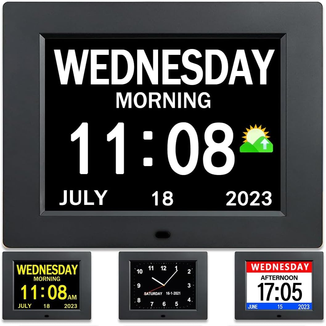 8IN IPS Digital Calendar Alarm Clock Dementia Clocks with 12 Alarms 3 Reminders