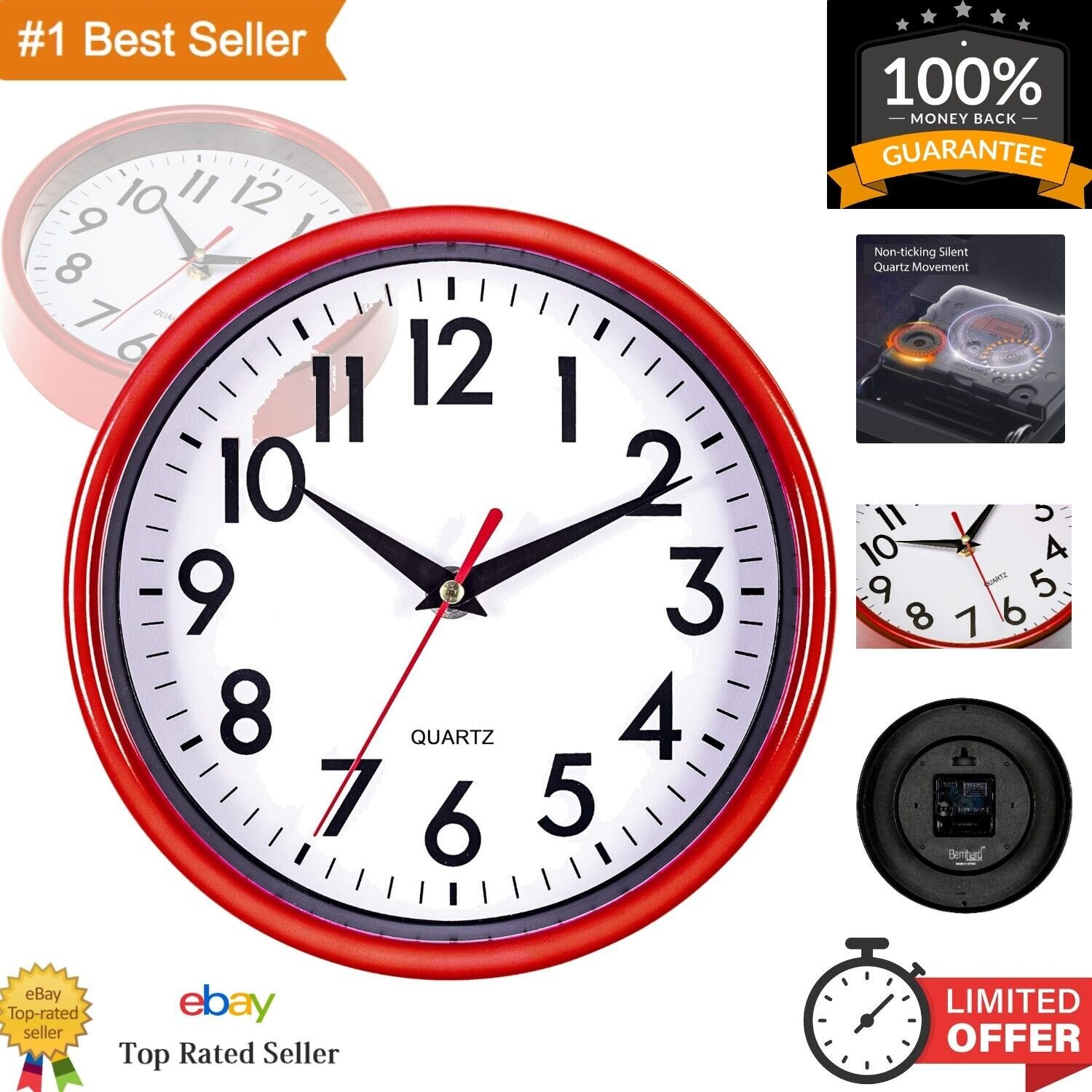 8" Retro Red Wall Clock - Silent Non-Ticking, Battery Operated, Easy to Read